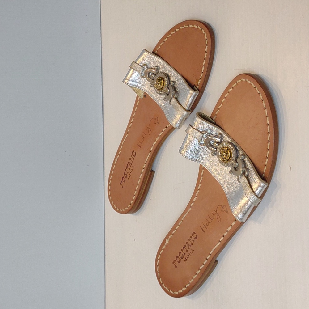 Italian Handmade Positano Moda All Leather Slides Lion Medallion Silvery Vamp - Picture 2 of 10